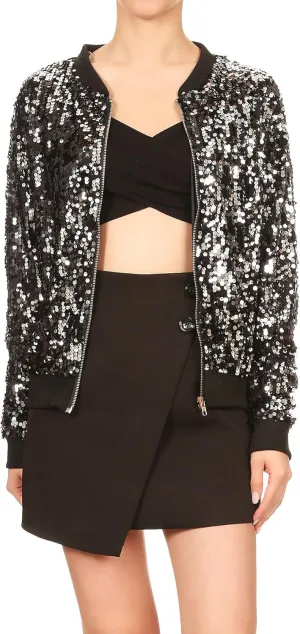 Anna-Kaci Womens Sequin Jacket Bomber Coat 1989 Slitter Outfit For Concert Party, Blue, Large