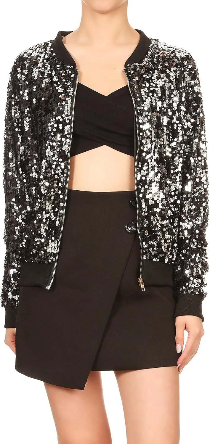 Anna-Kaci Womens Sequin Jacket Bomber Coat 1989 Slitter Outfit For Concert Party, Blue, Large