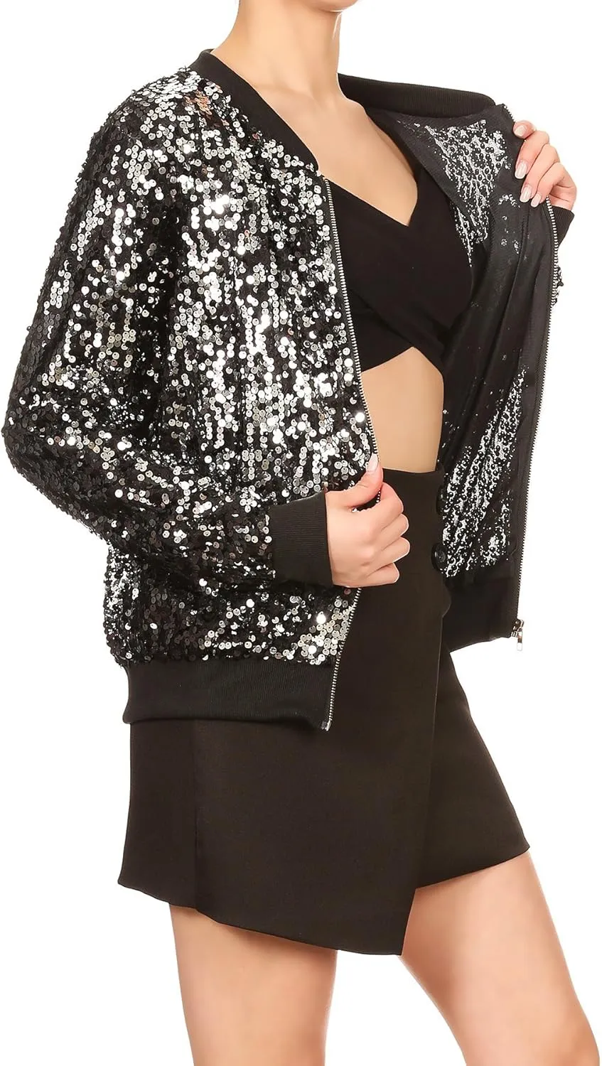 Anna-Kaci Womens Sequin Jacket Bomber Coat 1989 Slitter Outfit For Concert Party, Blue, Large