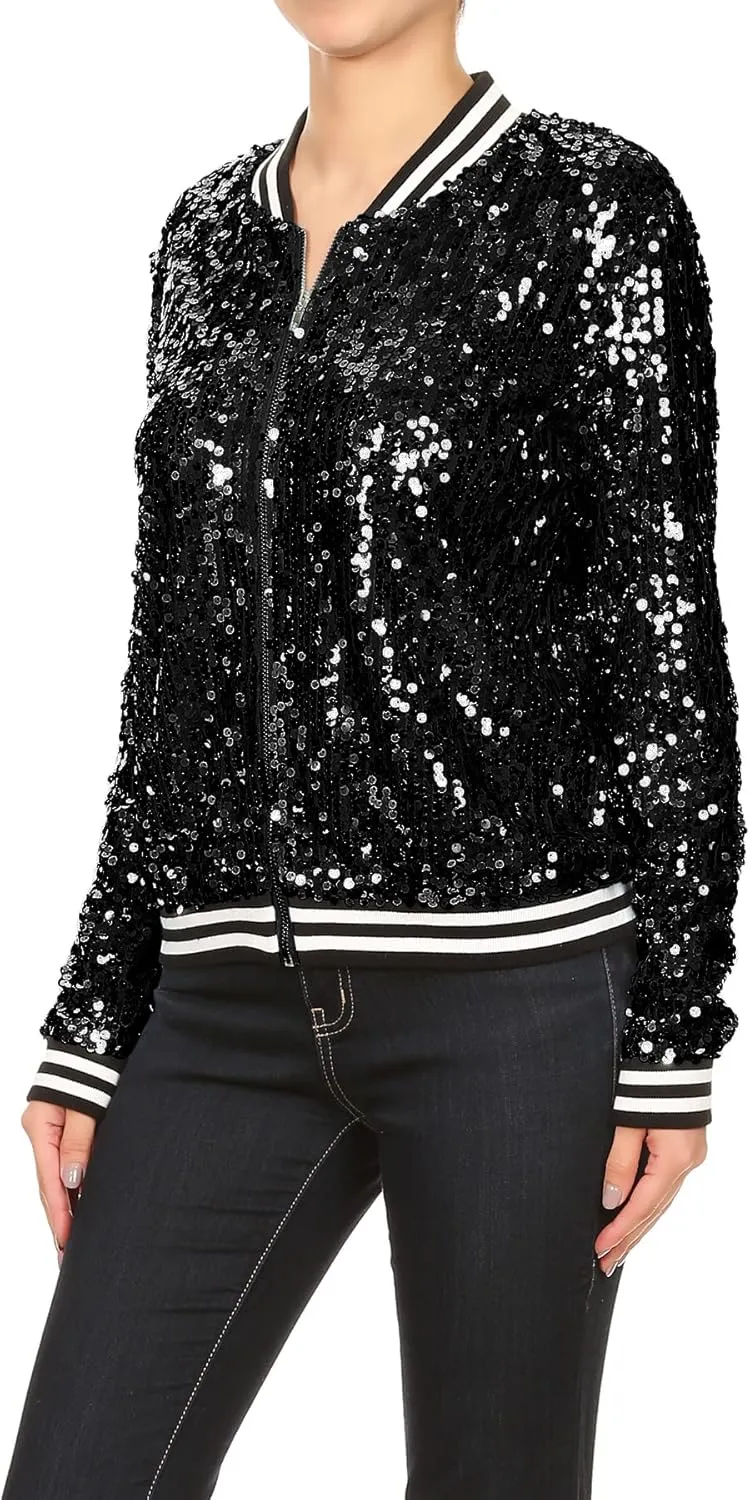 Anna-Kaci Womens Sequin Jacket Bomber Coat 1989 Slitter Outfit For Concert Party, Blue, Large