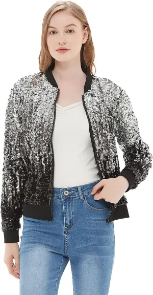 Anna-Kaci Womens Sequin Jacket Bomber Coat 1989 Slitter Outfit For Concert Party, Blue, Large
