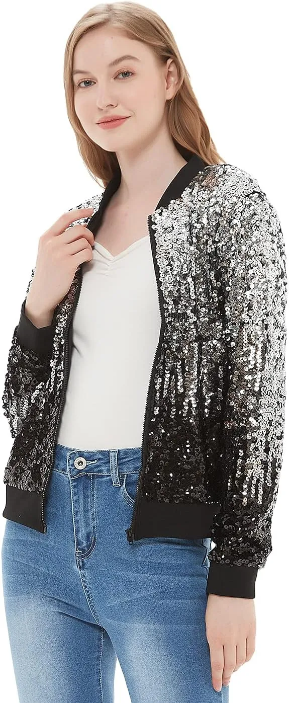 Anna-Kaci Womens Sequin Jacket Bomber Coat 1989 Slitter Outfit For Concert Party, Blue, Large