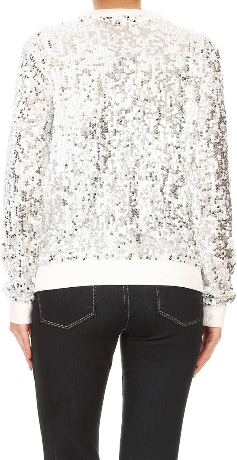 Anna-Kaci Womens Sequin Jacket Bomber Coat 1989 Slitter Outfit For Concert Party, Blue, Large