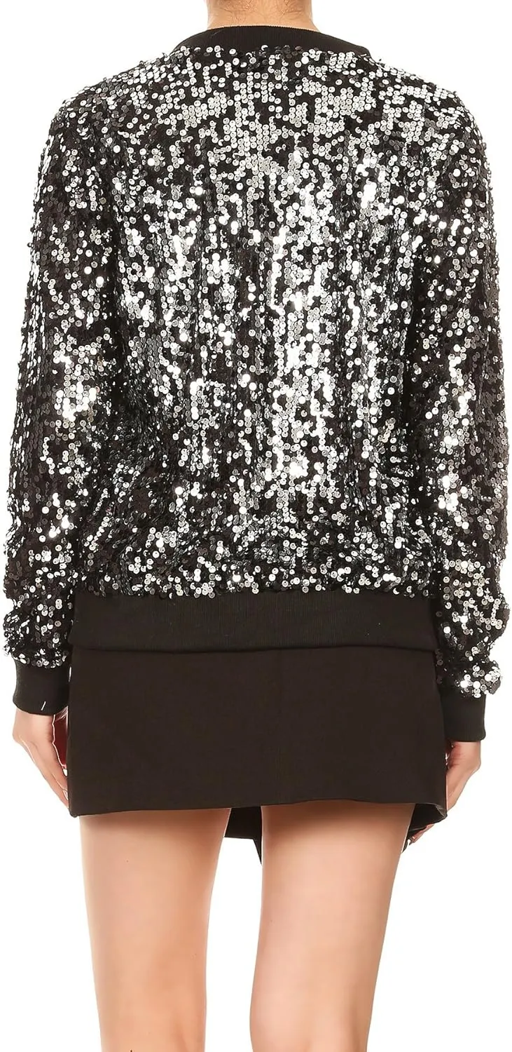Anna-Kaci Womens Sequin Jacket Bomber Coat 1989 Slitter Outfit For Concert Party, Blue, Large