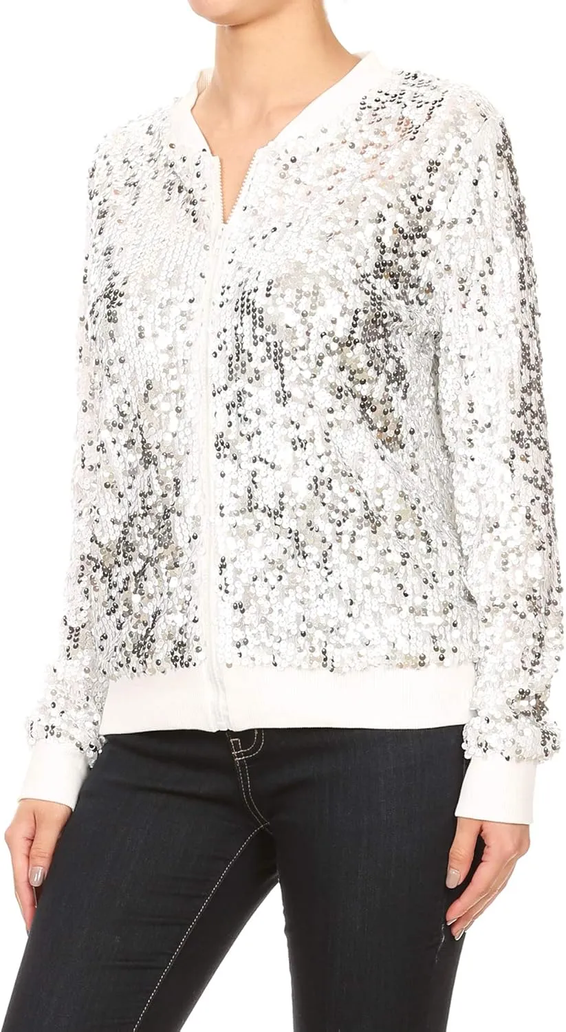 Anna-Kaci Womens Sequin Jacket Bomber Coat 1989 Slitter Outfit For Concert Party, Blue, Large