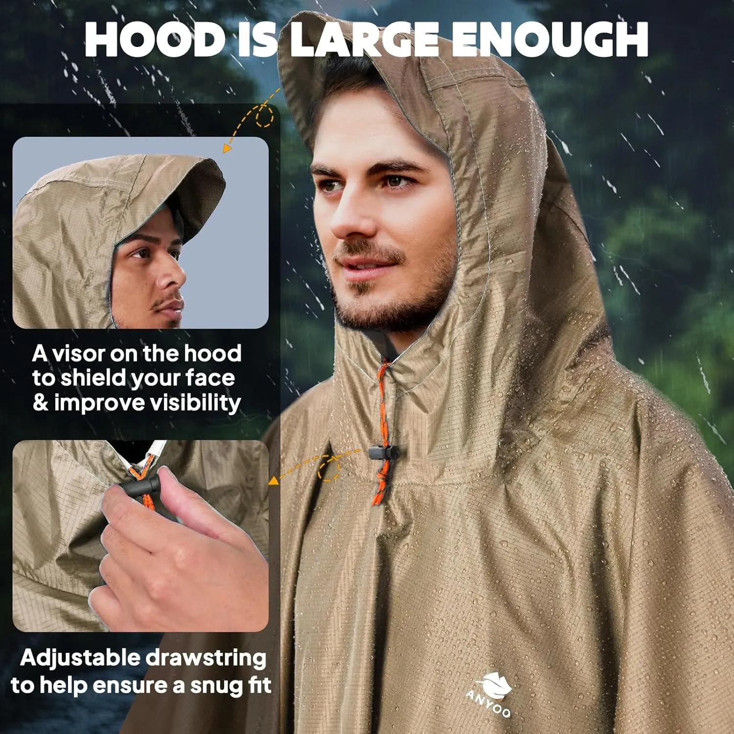 ANYOO Hooded Rain Poncho for Adults Waterproof Lightweight Rain Coat for Men Women Reusable Rain Jacket for Emergency Outdoor
