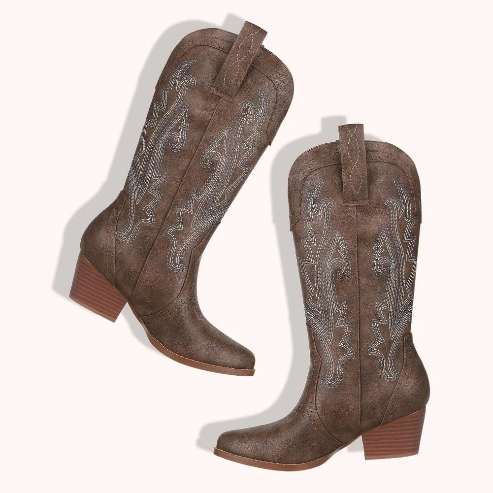 AOSPHIRAYLIAN Cowboy Boots for Women Retro Pointed Toe Pull On Block Chunky Heel Glitter Sparkly Metallic Embroidecamel Country Concert Outfits Calf Western Cowgirl Boots