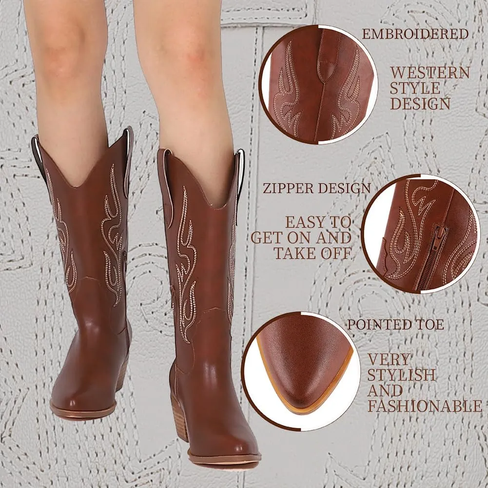 AOSPHIRAYLIAN Cowboy Boots for Women Retro Pointed Toe Pull On Block Chunky Heel Glitter Sparkly Metallic Embroidecamel Country Concert Outfits Calf Western Cowgirl Boots