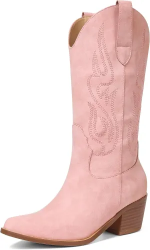 AOSPHIRAYLIAN Cowboy Boots for Women Retro Pointed Toe Pull On Block Chunky Heel Glitter Sparkly Metallic Embroidecamel Country Concert Outfits Calf Western Cowgirl Boots