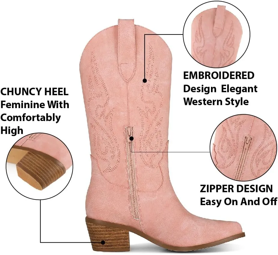 AOSPHIRAYLIAN Cowboy Boots for Women Retro Pointed Toe Pull On Block Chunky Heel Glitter Sparkly Metallic Embroidecamel Country Concert Outfits Calf Western Cowgirl Boots