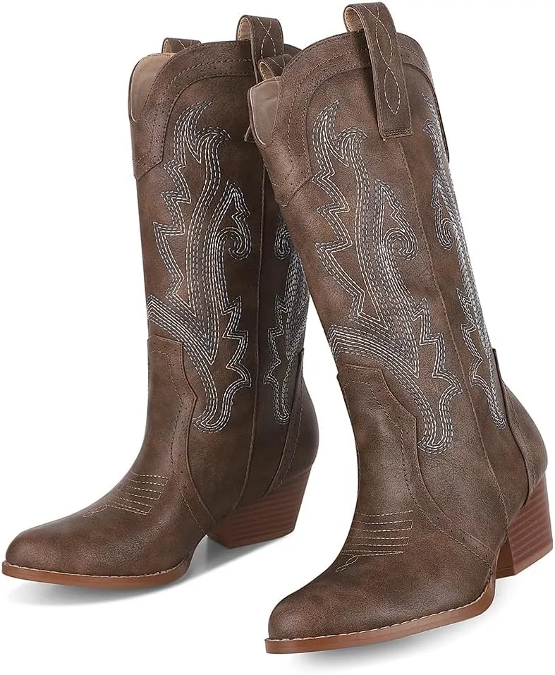 AOSPHIRAYLIAN Cowboy Boots for Women Retro Pointed Toe Pull On Block Chunky Heel Glitter Sparkly Metallic Embroidecamel Country Concert Outfits Calf Western Cowgirl Boots