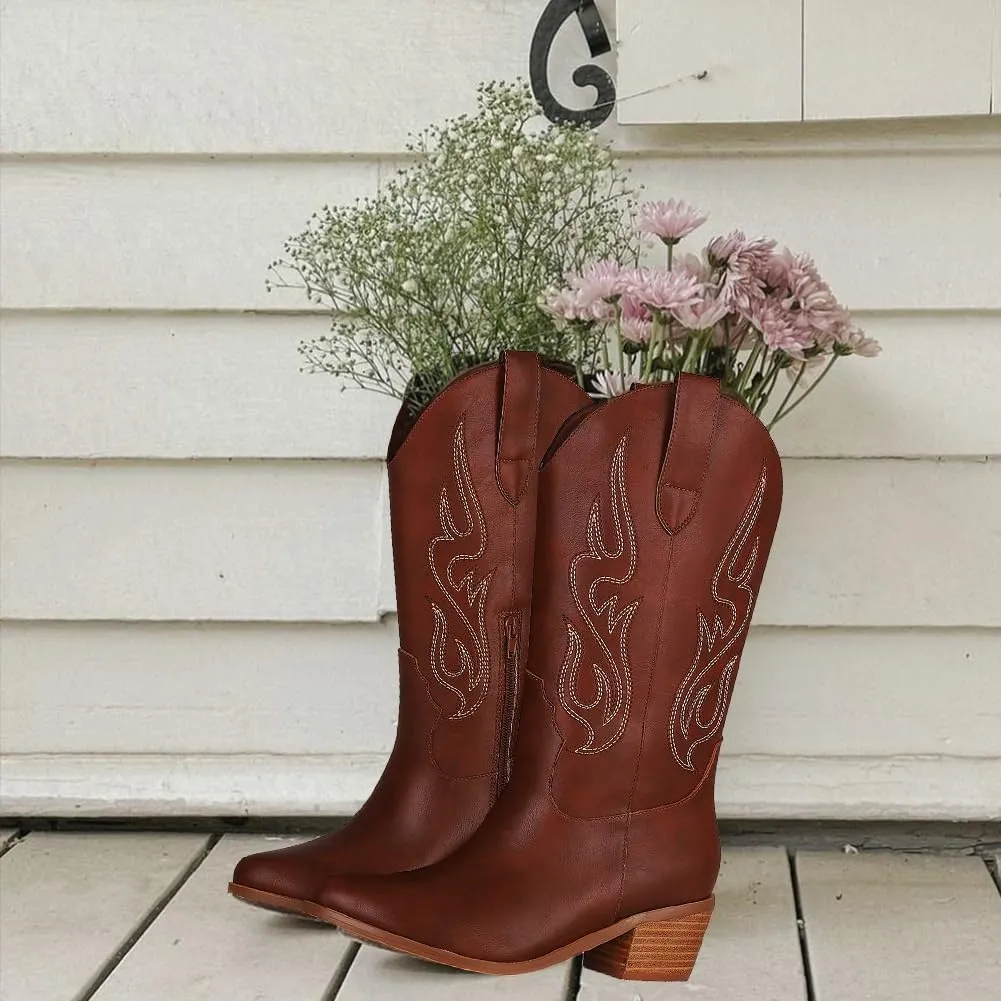 AOSPHIRAYLIAN Cowboy Boots for Women Retro Pointed Toe Pull On Block Chunky Heel Glitter Sparkly Metallic Embroidecamel Country Concert Outfits Calf Western Cowgirl Boots