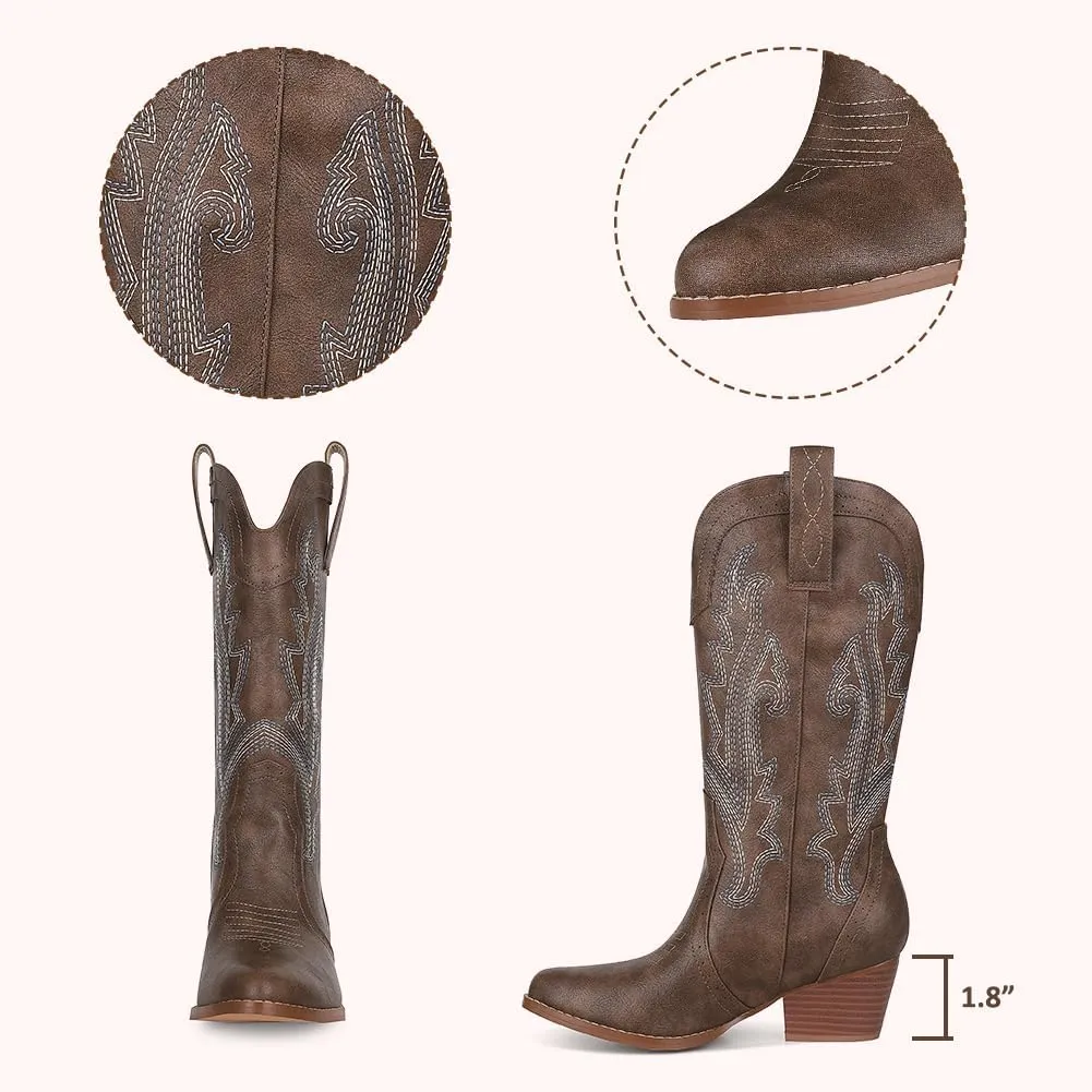 AOSPHIRAYLIAN Cowboy Boots for Women Retro Pointed Toe Pull On Block Chunky Heel Glitter Sparkly Metallic Embroidecamel Country Concert Outfits Calf Western Cowgirl Boots