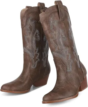 AOSPHIRAYLIAN Cowboy Boots for Women Retro Pointed Toe Pull On Block Chunky Heel Glitter Sparkly Metallic Embroidecamel Country Concert Outfits Calf Western Cowgirl Boots