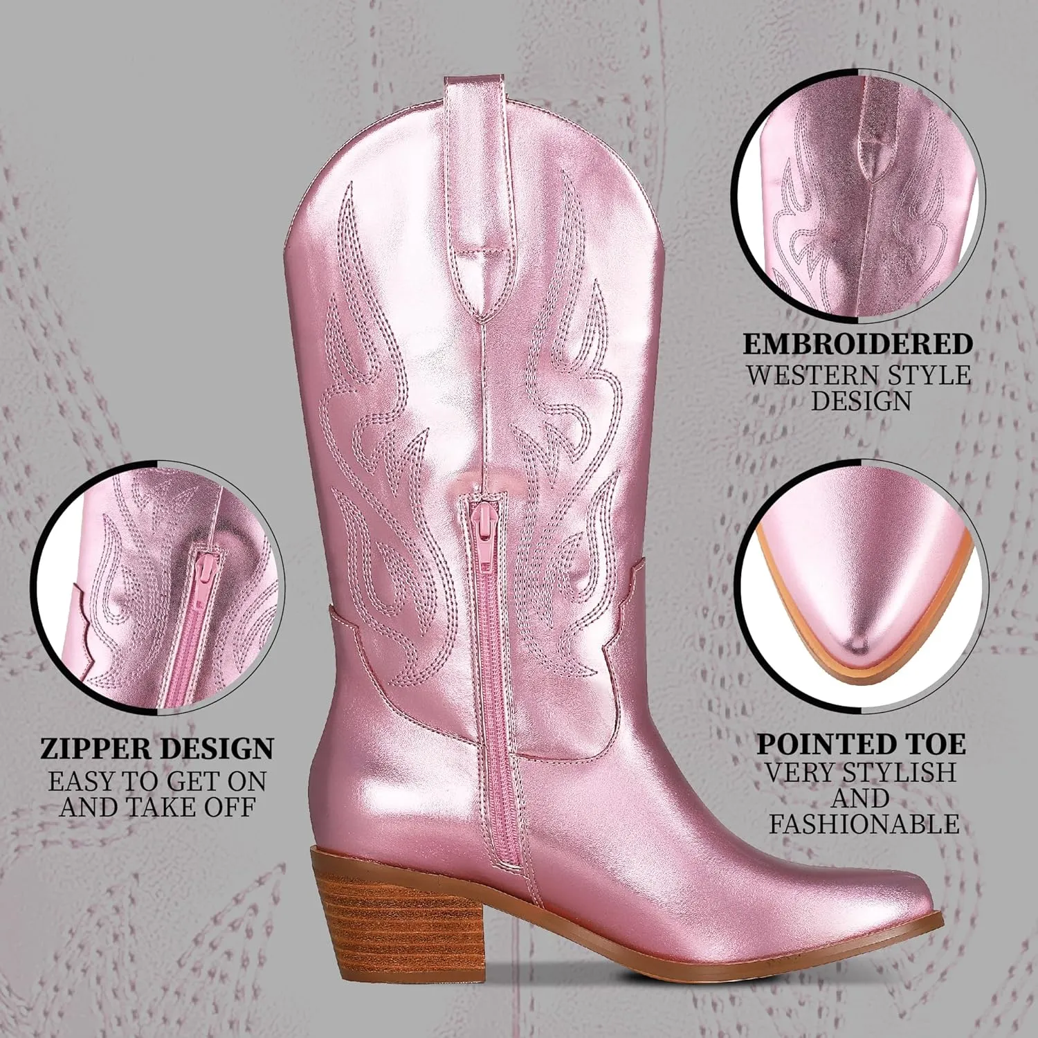 AOSPHIRAYLIAN Cowboy Boots for Women Retro Pointed Toe Pull On Block Chunky Heel Glitter Sparkly Metallic Embroidecamel Country Concert Outfits Calf Western Cowgirl Boots