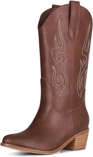AOSPHIRAYLIAN Cowboy Boots for Women Retro Pointed Toe Pull On Block Chunky Heel Glitter Sparkly Metallic Embroidecamel Country Concert Outfits Calf Western Cowgirl Boots