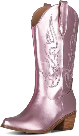 AOSPHIRAYLIAN Cowboy Boots for Women Retro Pointed Toe Pull On Block Chunky Heel Glitter Sparkly Metallic Embroidecamel Country Concert Outfits Calf Western Cowgirl Boots