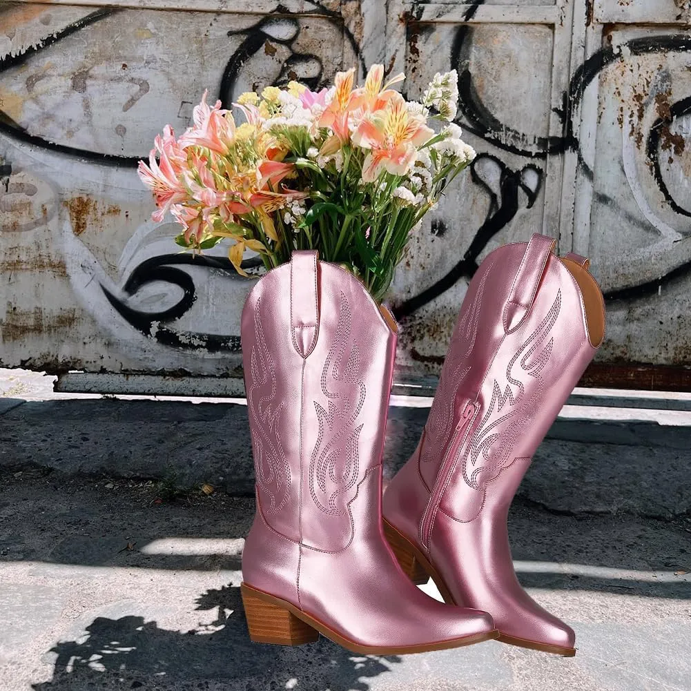 AOSPHIRAYLIAN Cowboy Boots for Women Retro Pointed Toe Pull On Block Chunky Heel Glitter Sparkly Metallic Embroidecamel Country Concert Outfits Calf Western Cowgirl Boots