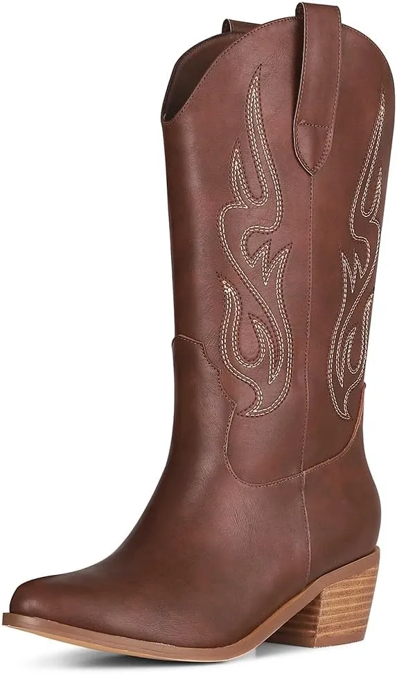 AOSPHIRAYLIAN Cowboy Boots for Women Retro Pointed Toe Pull On Block Chunky Heel Glitter Sparkly Metallic Embroidecamel Country Concert Outfits Calf Western Cowgirl Boots