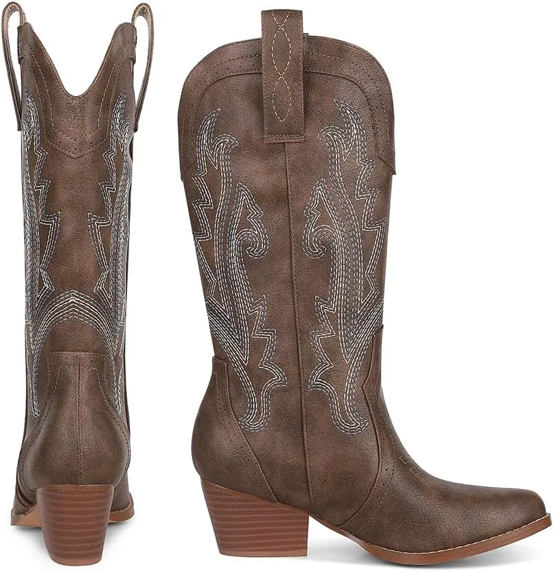 AOSPHIRAYLIAN Cowboy Boots for Women Retro Pointed Toe Pull On Block Chunky Heel Glitter Sparkly Metallic Embroidecamel Country Concert Outfits Calf Western Cowgirl Boots