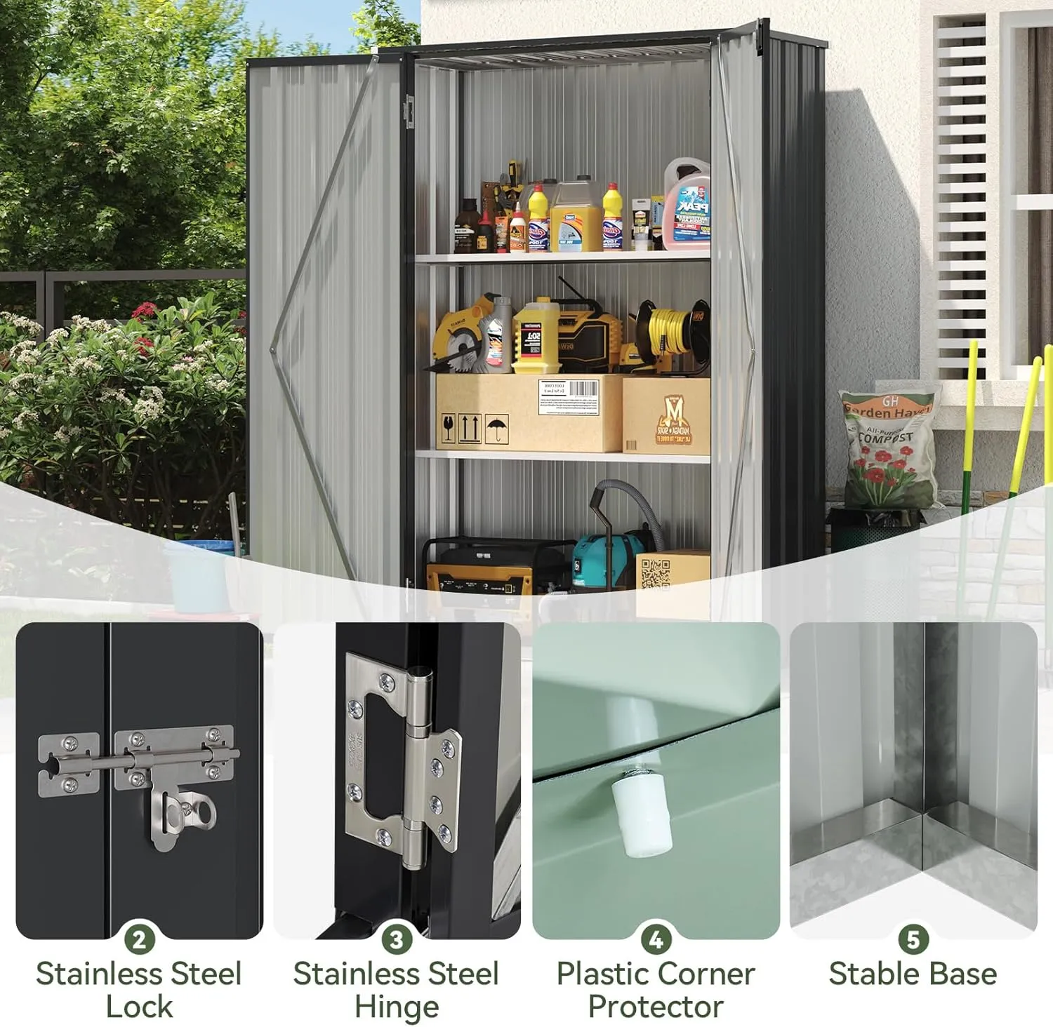 Aoxun 32 Cu.Ft Outdoor Storage Cabinet 68" H Metal Vertical Shed with 2 Adjustable Shelves Outdoor Waterproof Tall Cabinet for Garden, Garage, Porch (Black)