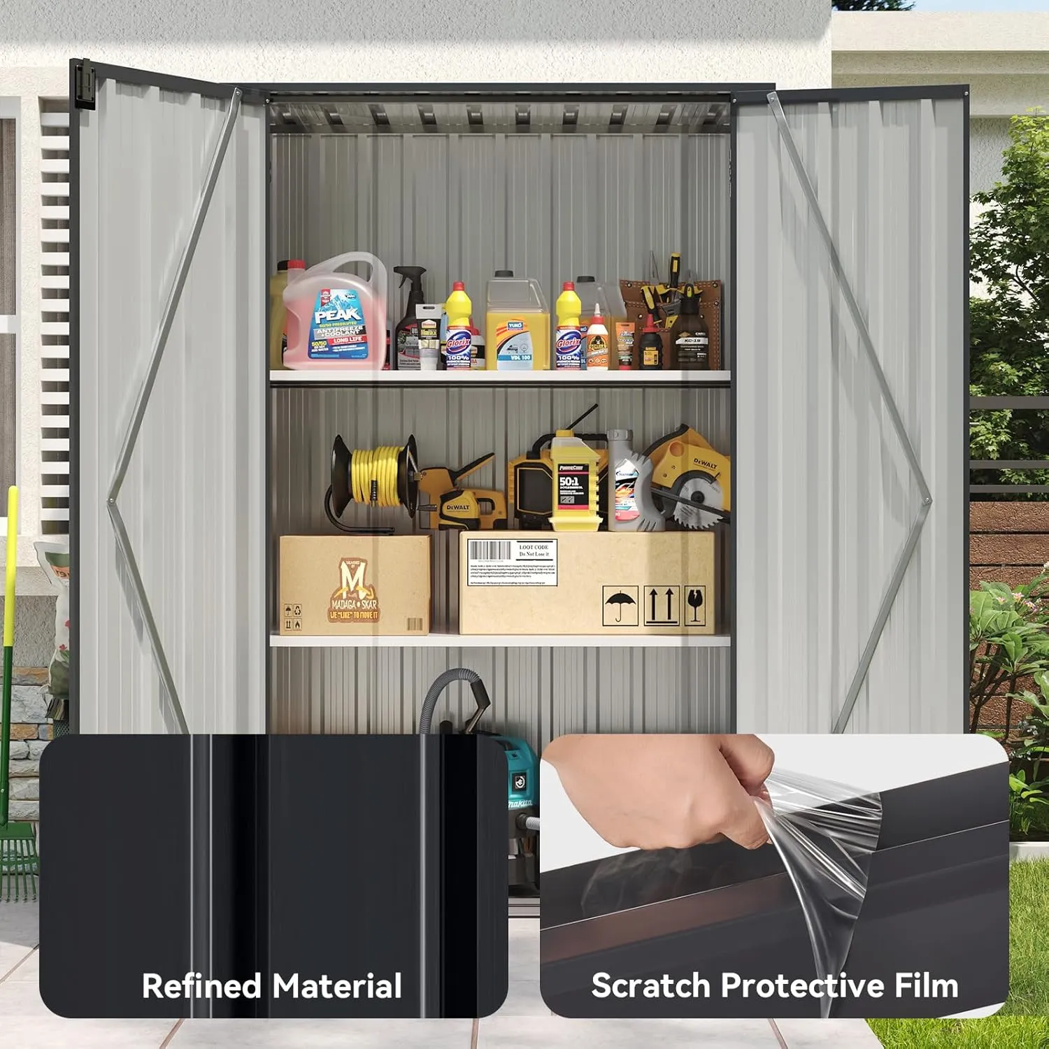 Aoxun 32 Cu.Ft Outdoor Storage Cabinet 68" H Metal Vertical Shed with 2 Adjustable Shelves Outdoor Waterproof Tall Cabinet for Garden, Garage, Porch (Black)