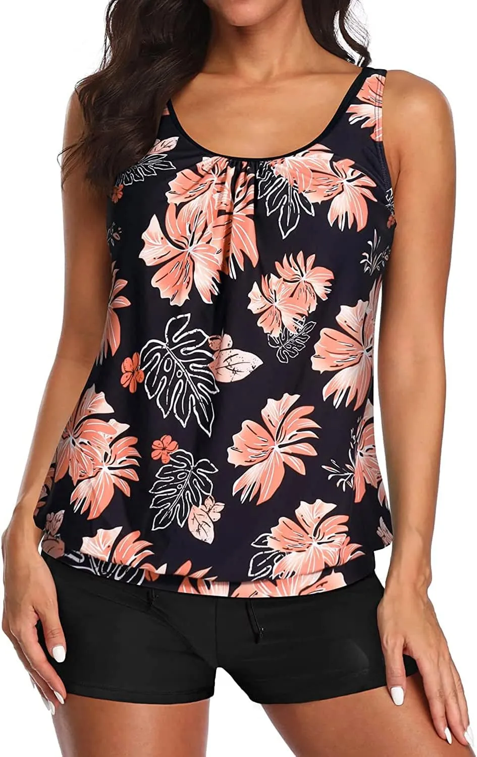 Aqua Eve Two Piece Women's Tankini Swimsuits Blouson Swim Tank Top with Shorts Modest Bathing Suits