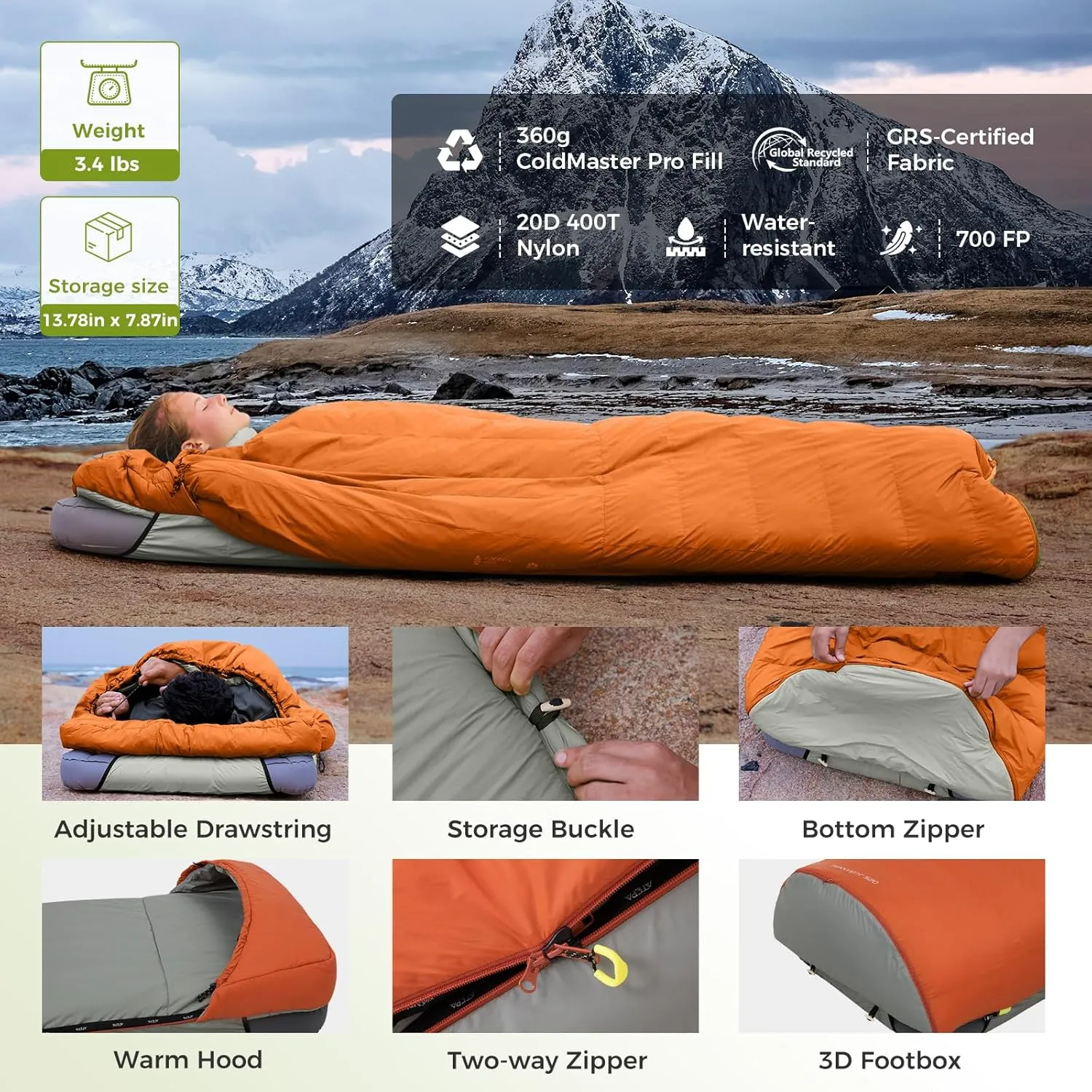 ATEPA Down Sleeping Bag, Recycled 650FP 0 Degree 40 Degree 4 Season Summer & Winter Compact Rectangle Lightweight Waterproof Wearable Sleeping Bag with Compression Sack for Camping Backpacking Hiking