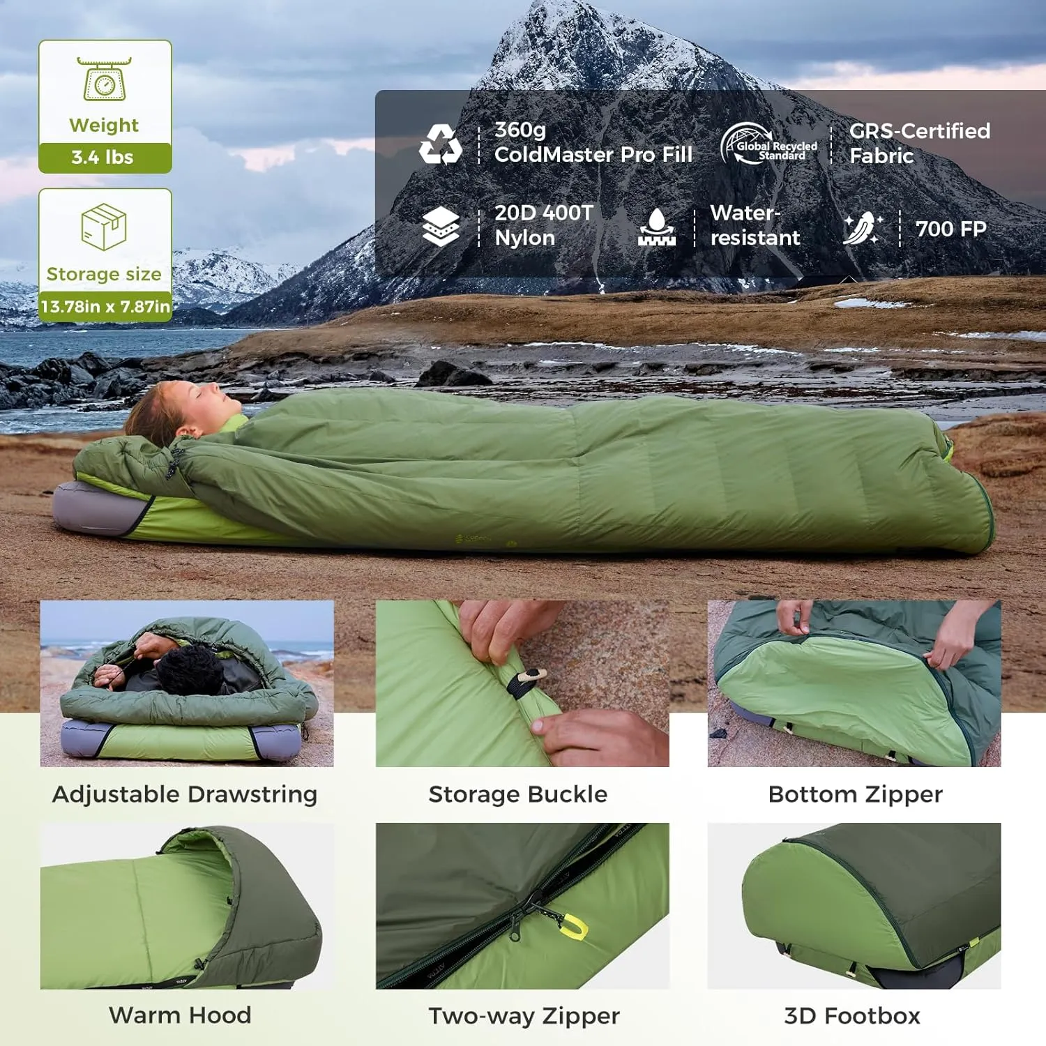 ATEPA Down Sleeping Bag, Recycled 650FP 0 Degree 40 Degree 4 Season Summer & Winter Compact Rectangle Lightweight Waterproof Wearable Sleeping Bag with Compression Sack for Camping Backpacking Hiking