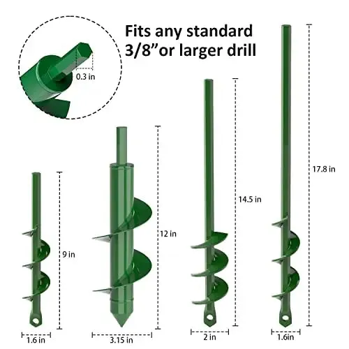 Auger Drill Bit Set 4 Pack - 1.6x9", 1.6x17.8", 2x14.5", 3.15x12" - Durable Steel Garden Tool