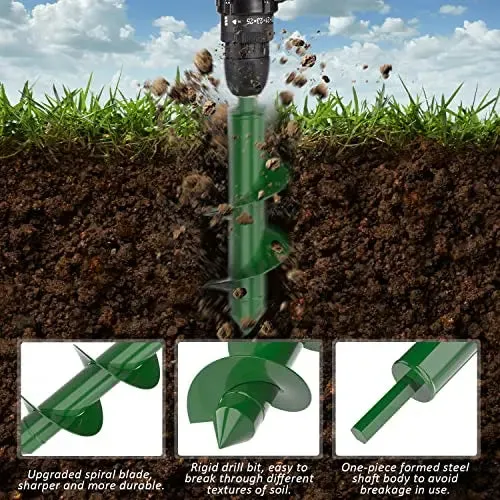 Auger Drill Bit Set 4 Pack - 1.6x9", 1.6x17.8", 2x14.5", 3.15x12" - Durable Steel Garden Tool