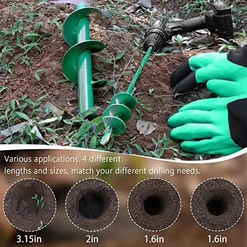 Auger Drill Bit Set 4 Pack - 1.6x9", 1.6x17.8", 2x14.5", 3.15x12" - Durable Steel Garden Tool