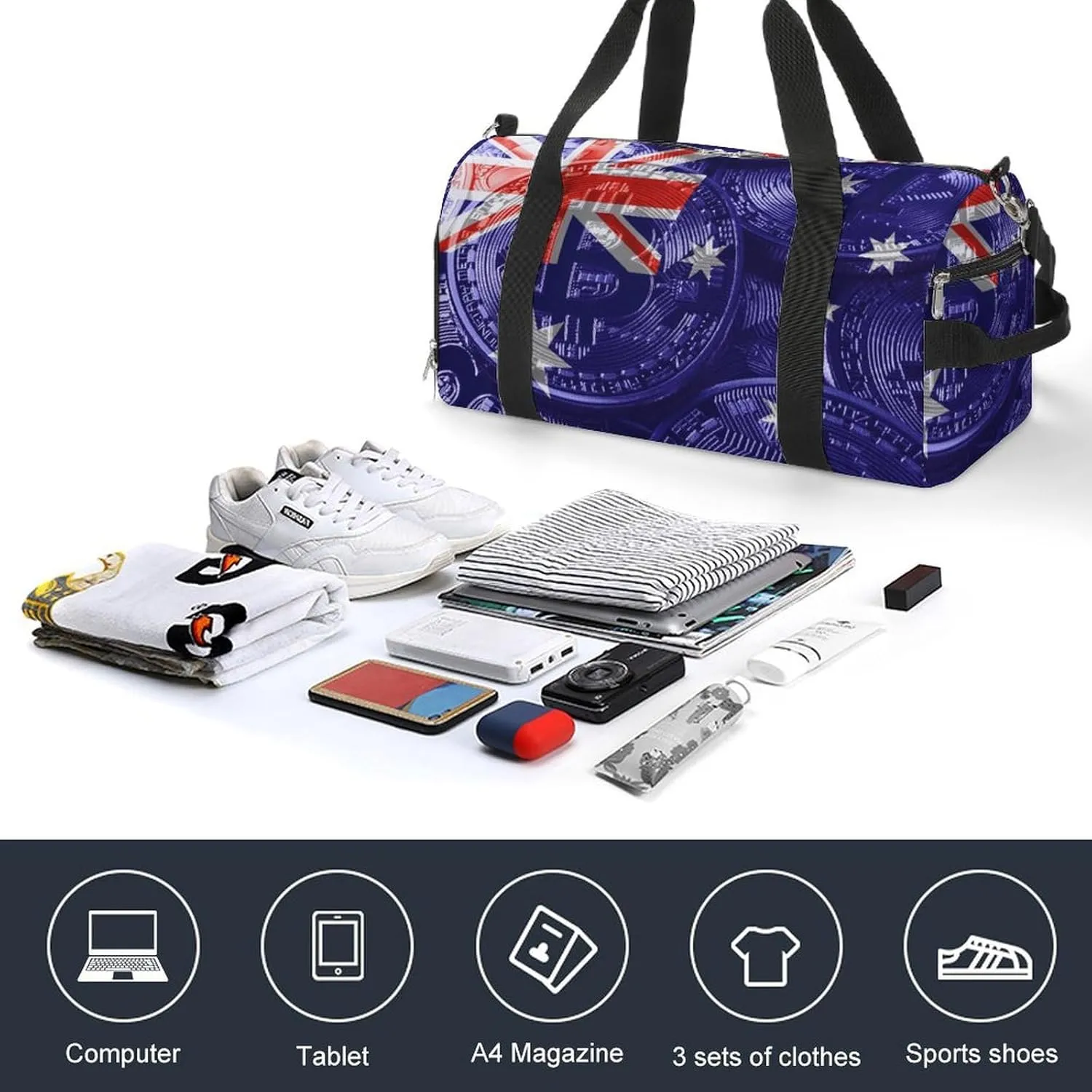 Australia Flag Bitcoin Sports Duffel Bag with Wet Pocket and Shoe Compartment for Gym