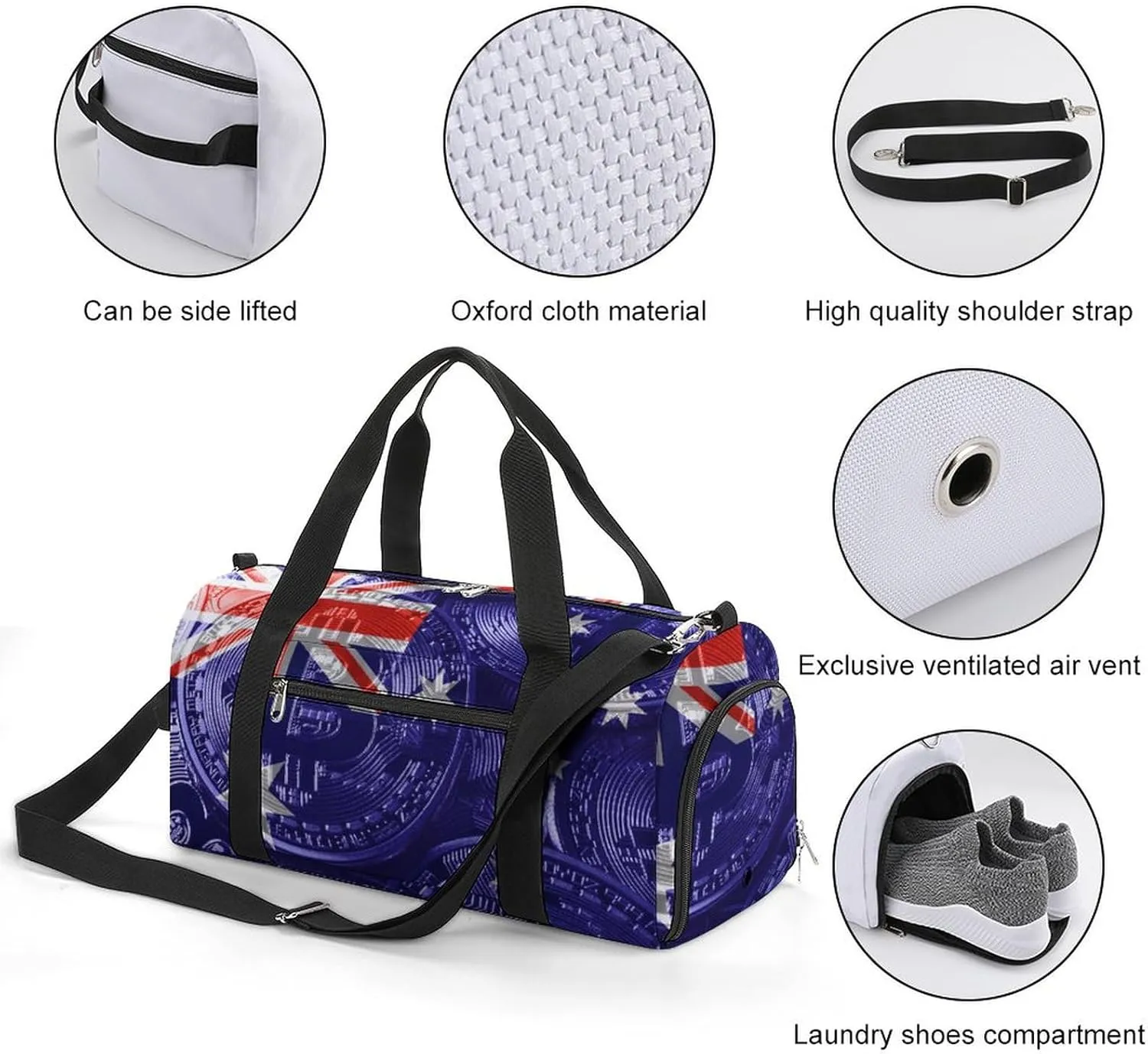 Australia Flag Bitcoin Sports Duffel Bag with Wet Pocket and Shoe Compartment for Gym