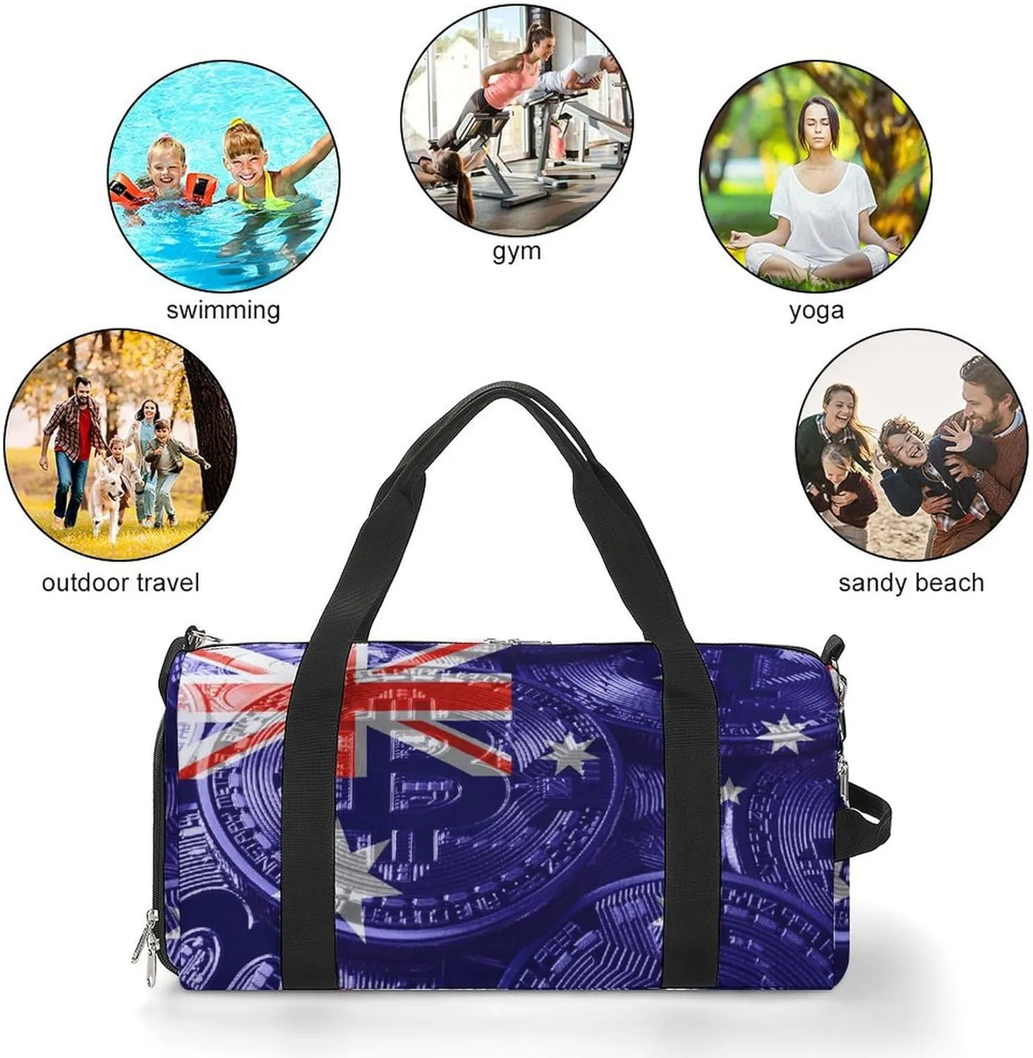 Australia Flag Bitcoin Sports Duffel Bag with Wet Pocket and Shoe Compartment for Gym