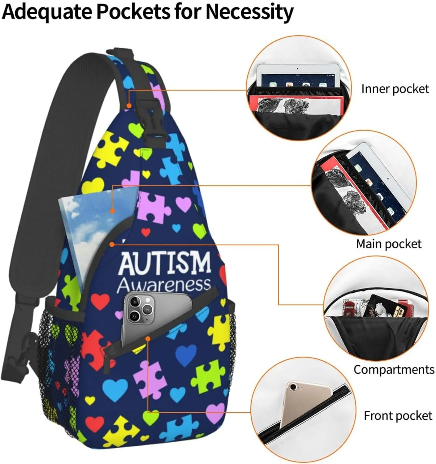 Autism Awareness Sling Bag,Multipurpose Crossbody Backpack Shoulder Chest Bag for Women Men Travel Hiking Daypack