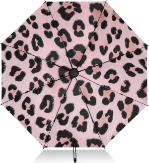 Automatic Folding Umbrella for Rain, Leopard Pink Travel Umbrella UV Protection Large Windproof Inverted Umbrella with Cover Bag, 8 Ribs