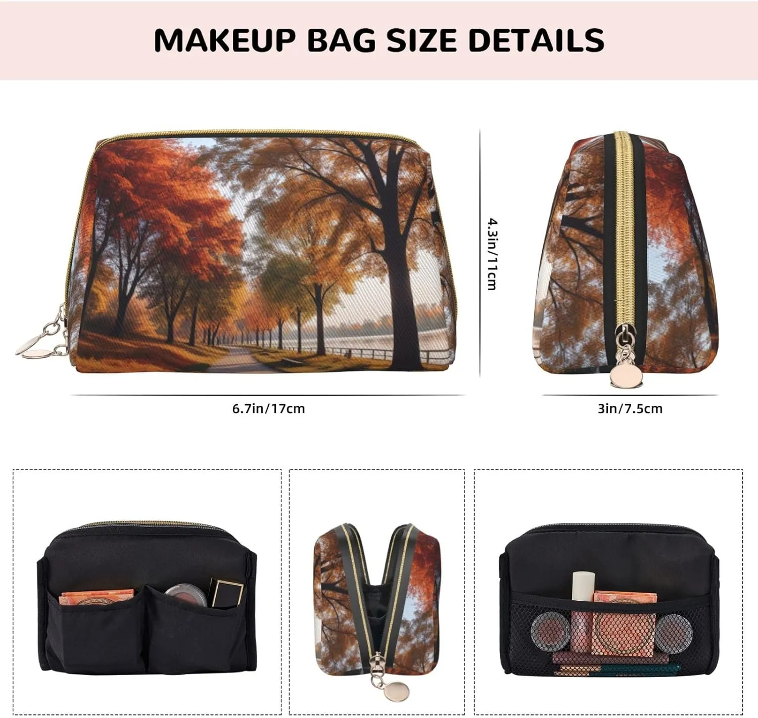 Autumn River Park Printed Small Makeup Bag,Travel Cosmetic Bag Purse with Zipper,Water-resistant Makeup Organizer Bag for Women