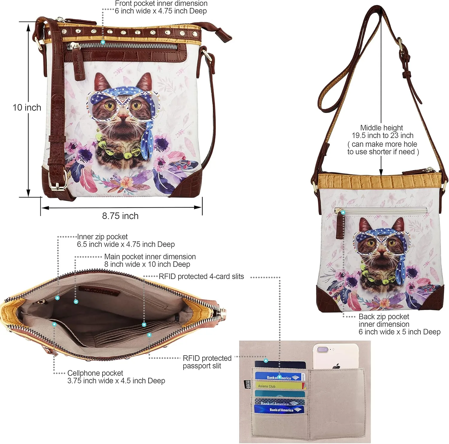 B BRENTANO Vegan Cute Animal Graphic Crossbody Bag Purse with Rhinestones