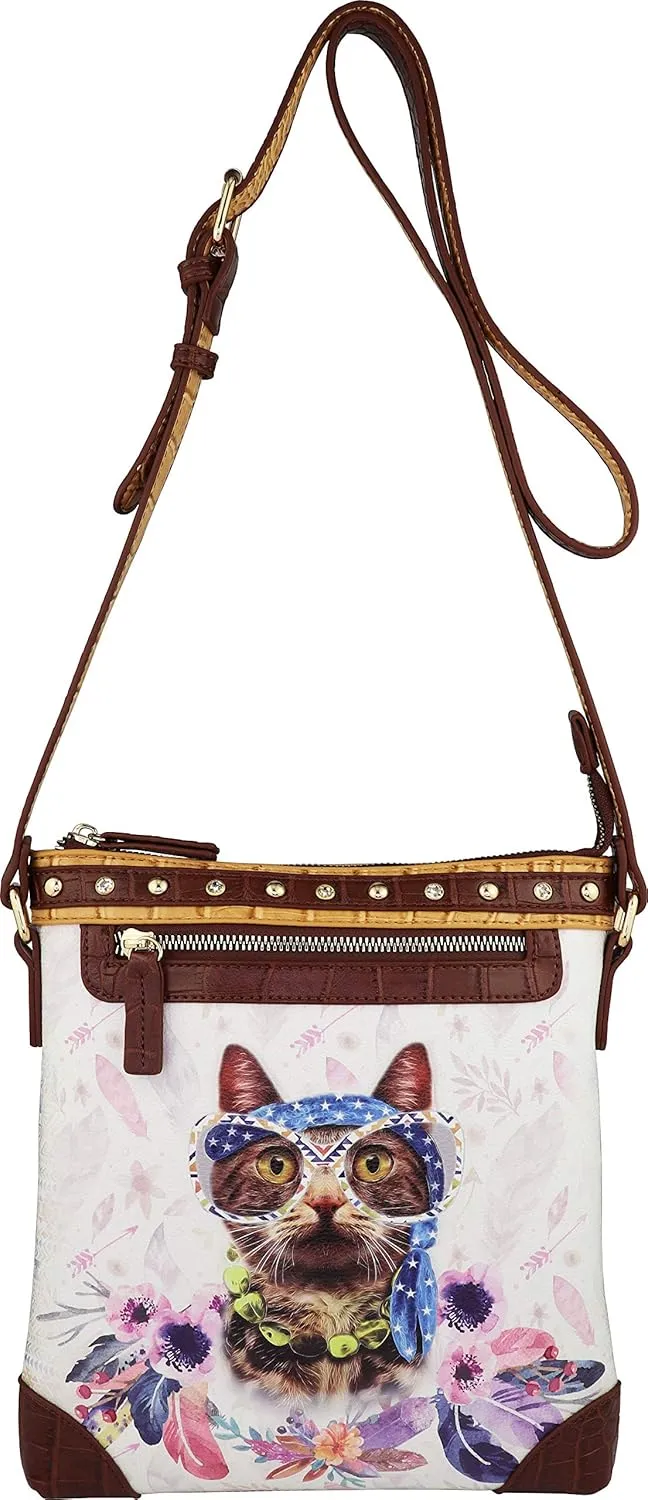 B BRENTANO Vegan Cute Animal Graphic Crossbody Bag Purse with Rhinestones