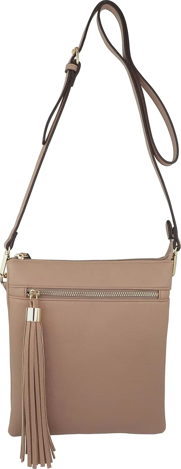 B BRENTANO Vegan Double-Zip Pocket Crossbody Handbag Purse wih Big Tassel Accent