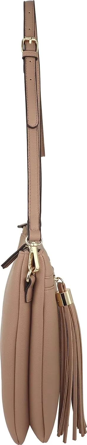 B BRENTANO Vegan Double-Zip Pocket Crossbody Handbag Purse wih Big Tassel Accent