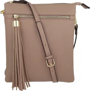 B BRENTANO Vegan Double-Zip Pocket Crossbody Handbag Purse wih Big Tassel Accent