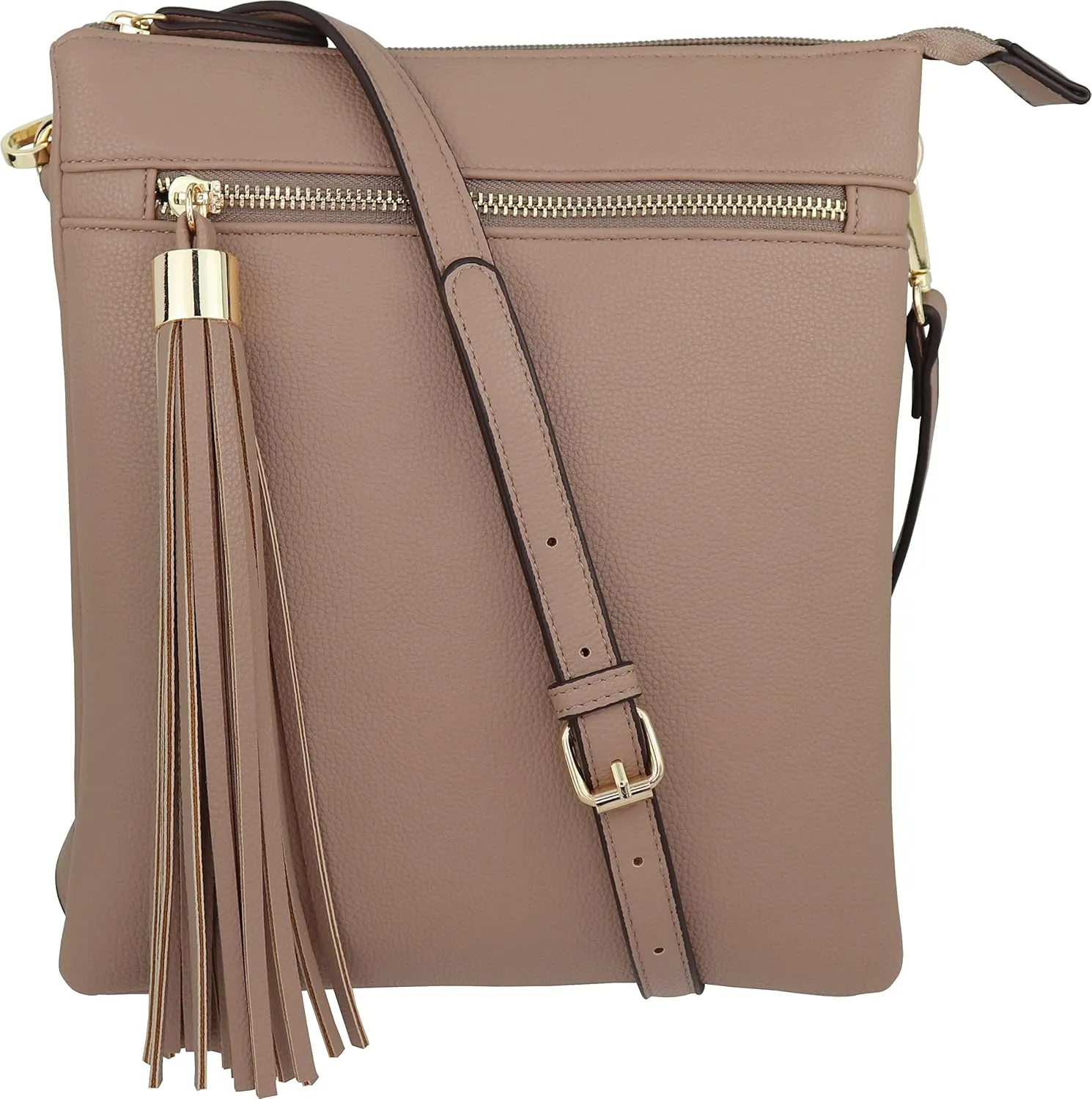 B BRENTANO Vegan Double-Zip Pocket Crossbody Handbag Purse wih Big Tassel Accent