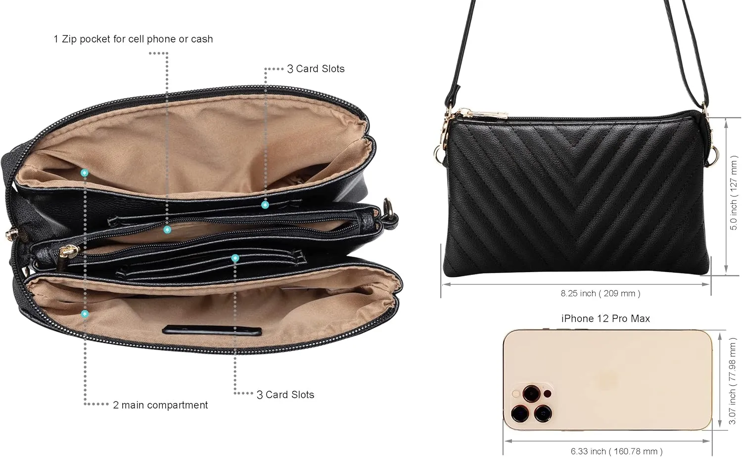 B BRENTANO Vegan Leather Multi-Pocket Crossbody Purse/Clutch with Card Slots, Removable Wristlet & Adjustable Shoulder Strap
