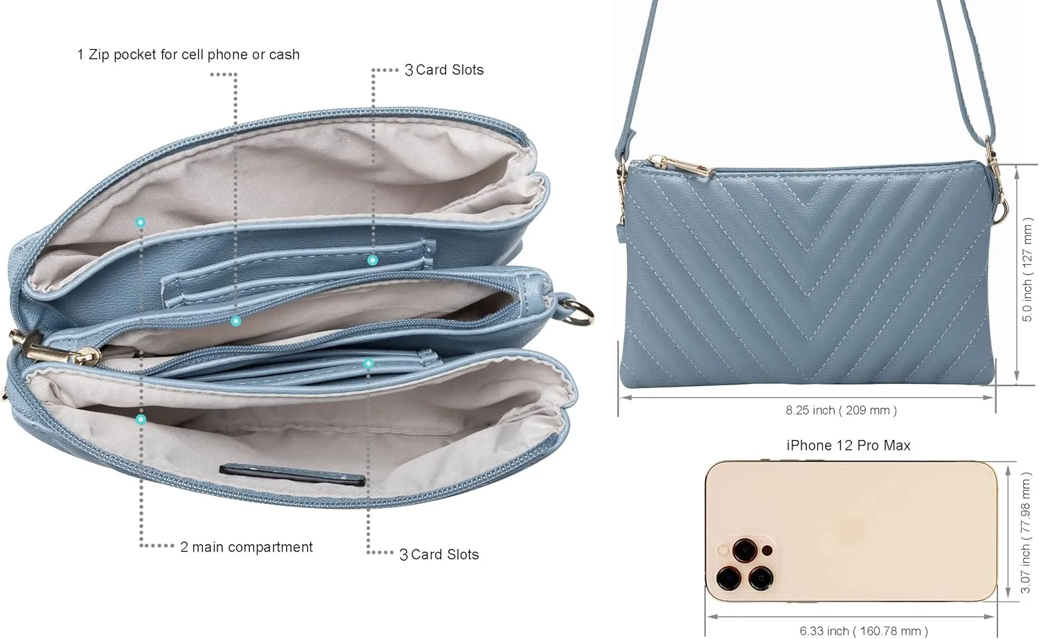 B BRENTANO Vegan Leather Multi-Pocket Crossbody Purse/Clutch with Card Slots, Removable Wristlet & Adjustable Shoulder Strap
