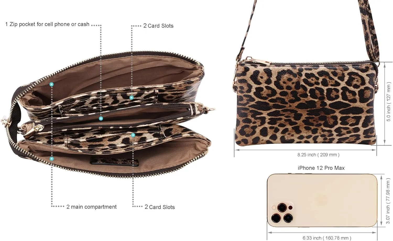 B BRENTANO Vegan Leather Multi-Pocket Crossbody Purse/Clutch with Card Slots, Removable Wristlet & Adjustable Shoulder Strap