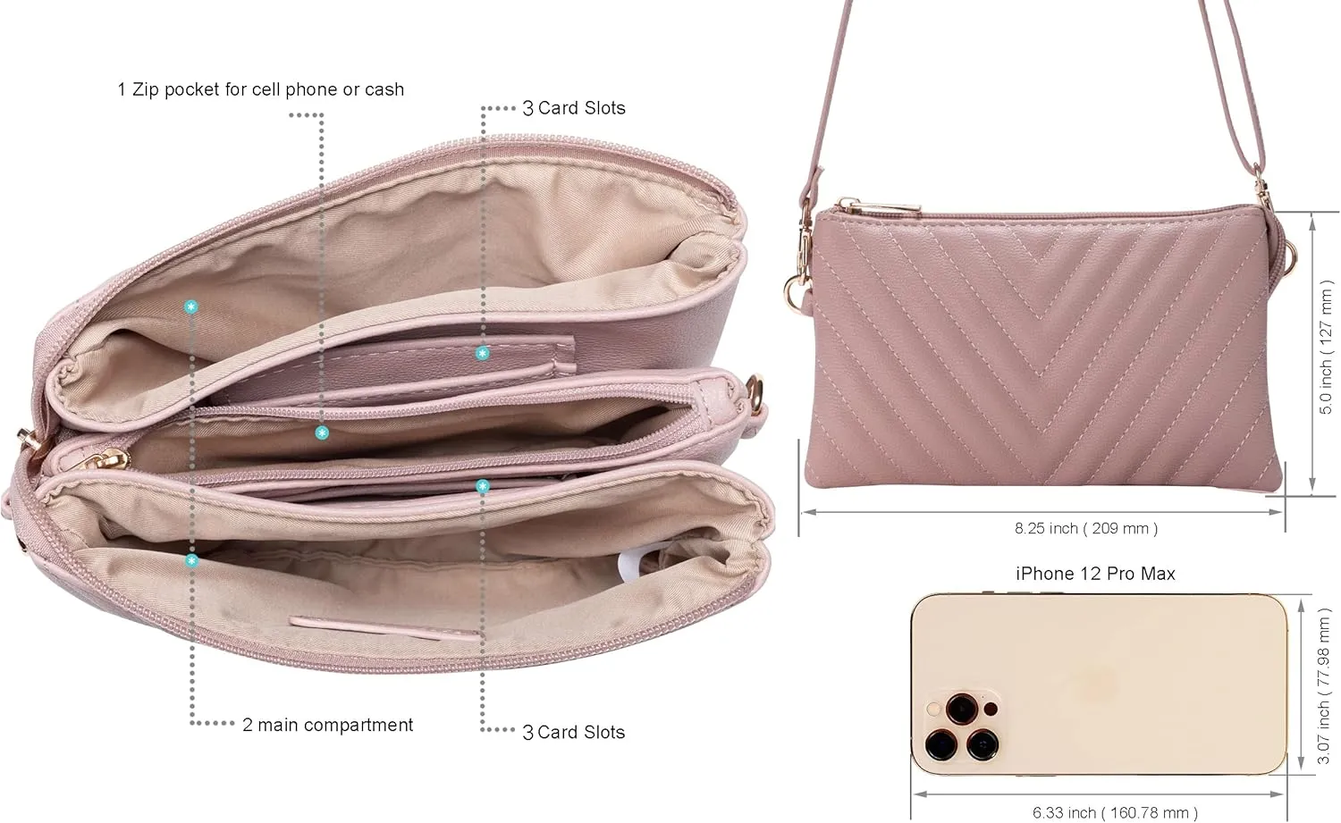 B BRENTANO Vegan Leather Multi-Pocket Crossbody Purse/Clutch with Card Slots, Removable Wristlet & Adjustable Shoulder Strap