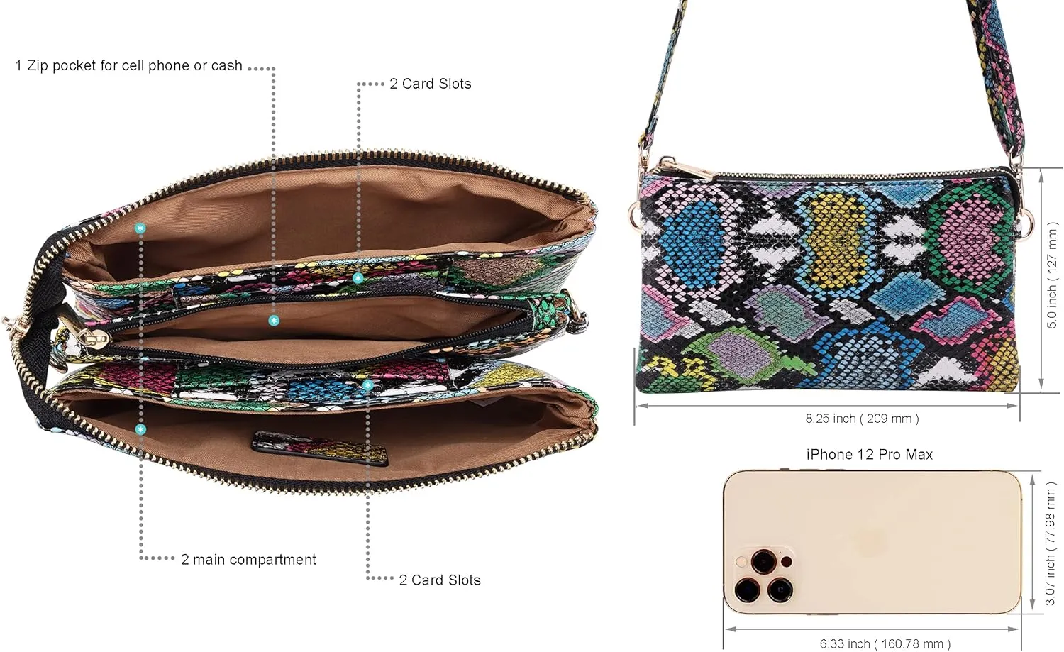 B BRENTANO Vegan Leather Multi-Pocket Crossbody Purse/Clutch with Card Slots, Removable Wristlet & Adjustable Shoulder Strap