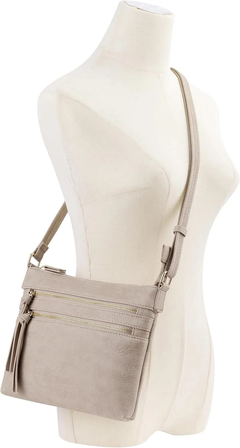 B BRENTANO Vegan Multi-Zipper Crossbody Handbag Purse with Tassel Accents